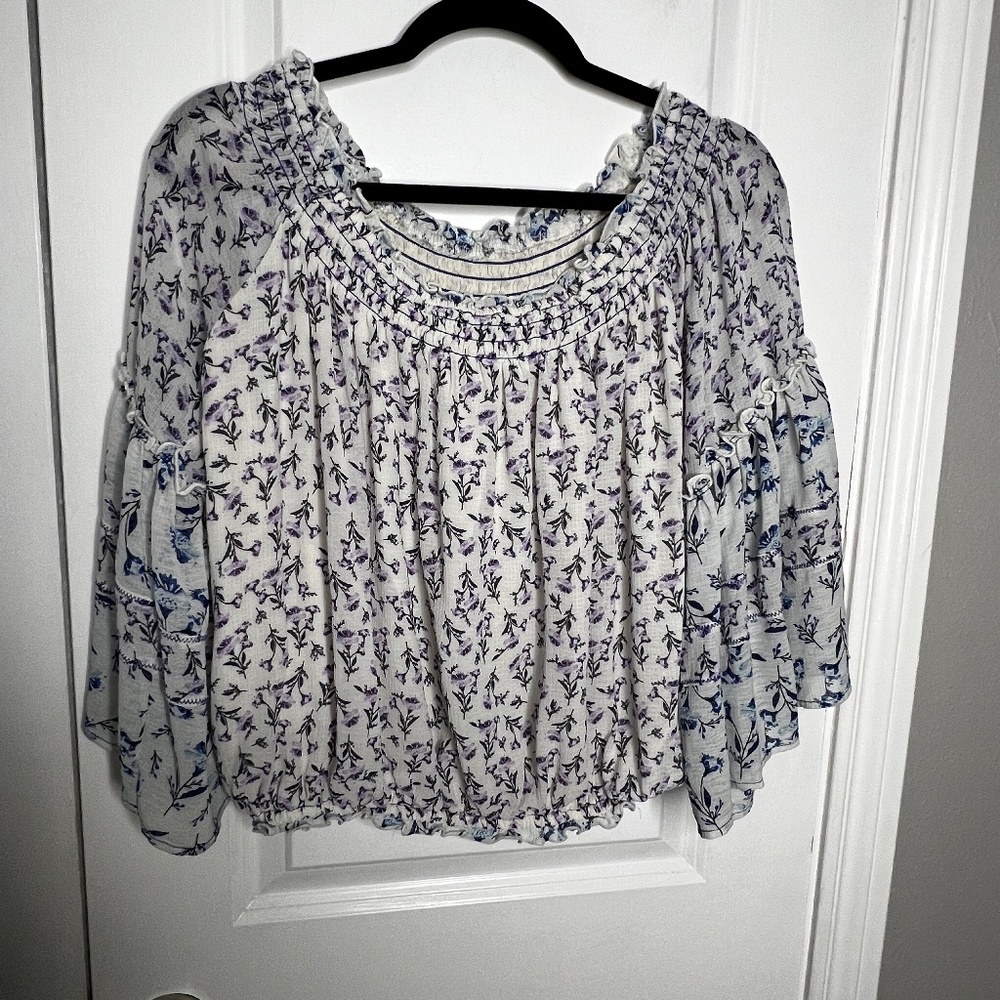 Free People Rose Valley Printed Blouse Top Shirt Size S White Blue Floral - Picture 2 of 6